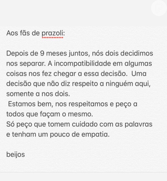 Gabi Prado anunciou o término com João Zoli nas redes sociais