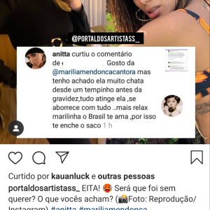 Anitta esclareceu que não curtiu comentário criticando Marilia Mendonça