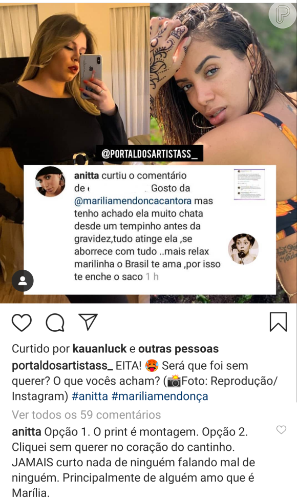 Anitta esclareceu que não curtiu comentário criticando Marilia Mendonça