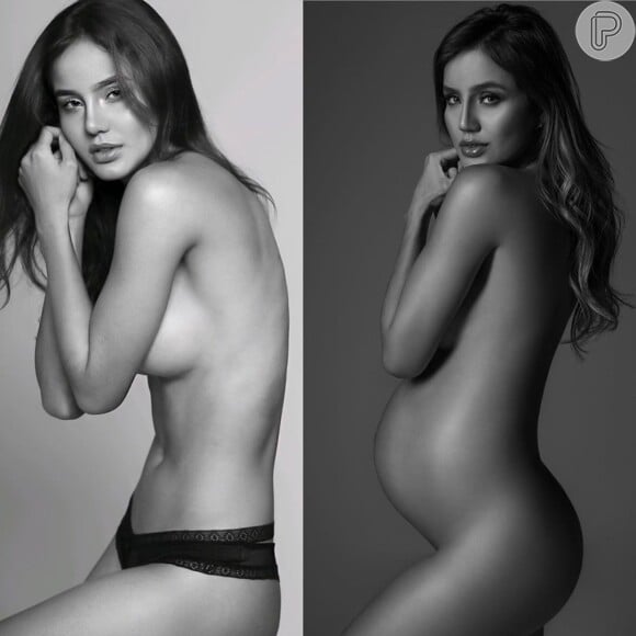 Biah Rodrigues mostrou montagem em que aparece durante a gravidez e antes de engravidar, respectivamente