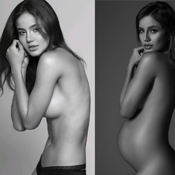 Biah Rodrigues mostrou montagem em que aparece durante a gravidez e antes de engravidar, respectivamente