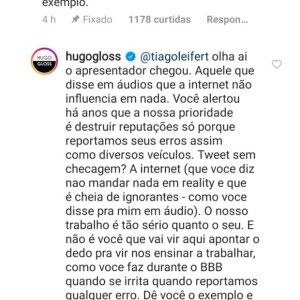 Tiago Leifert e Hugo Gloss discutem no Instagram