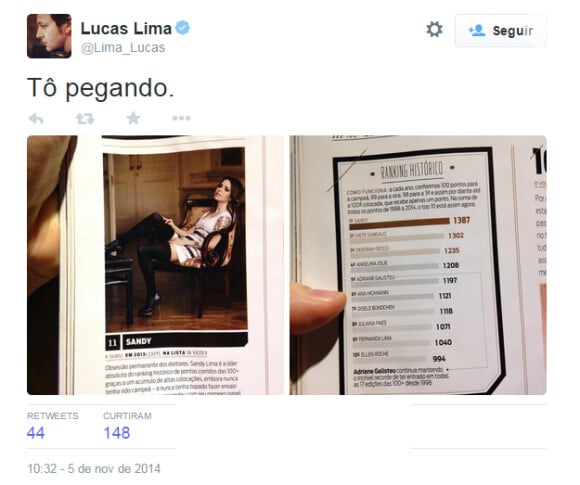 Lucas Lima escreveu no Twitter: 'Tô pegando', em relação à esposa, Sandy