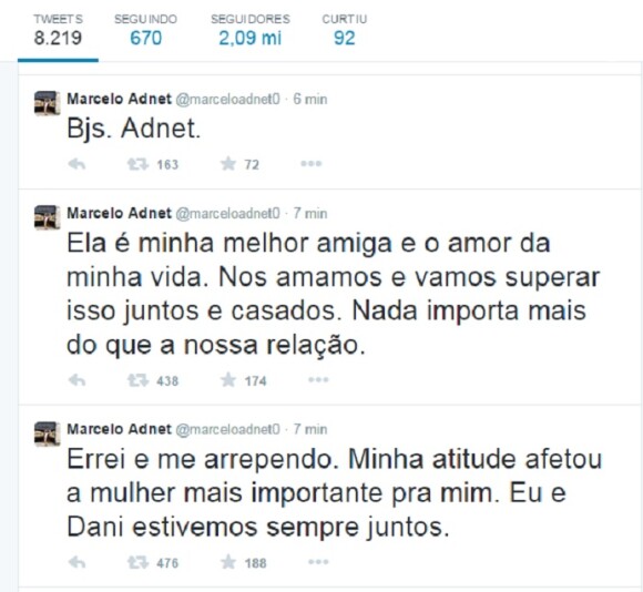 Marcelo Adnet escreveu uma mensagem em sua rede social demonstrando arrependimento pela traição: 'Errei e me arrependo. Minha atitude afetou a mulher mais importante pra mim'