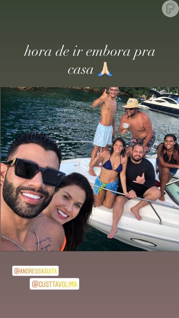 Andressa Suita e Gusttavo Lima apareceram em outra foto postada pela fã do cantor que os encontrou durante um passeio de barco