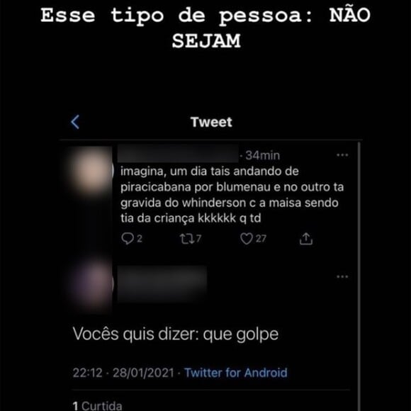 Maria Lina é acusada de dar 'golpe' e expõe haters nos Stories do Instagram