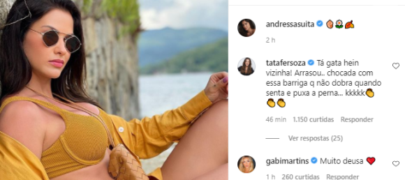 Thais Fersoza elogia corpo de Andressa Suita em foto de biquíni