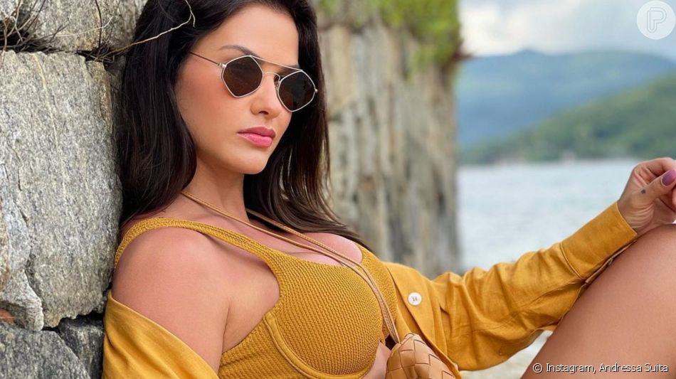 Andressa Suita posa de biquíni e web cita Gusttavo Lima: 'Poderia estar do seu lado'