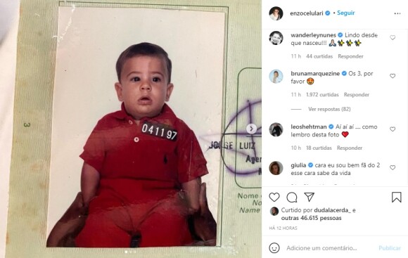 Foto de Enzo Celulari criança ganha comentário de Bruna Marquezine e agita a web