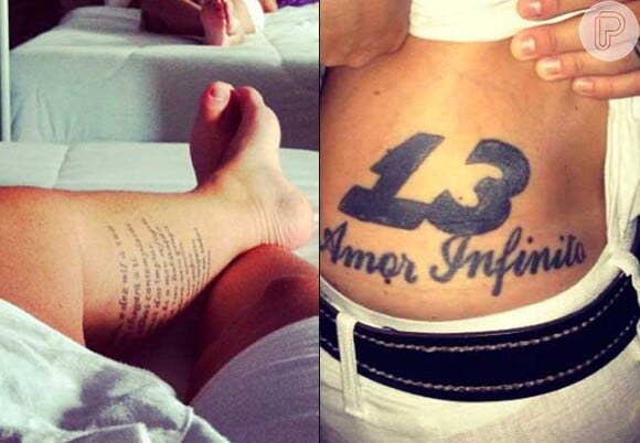 Thammy Miranda também tatuou o número 13 e embaixo escreveu 'amor infinito', desenho que fez para homenagear Linda Barbosa, sua agora ex-namorada. A atriz também tem um texto na panturrilha esquerda