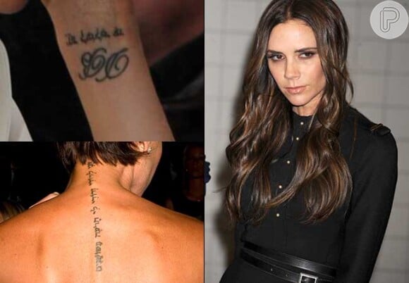 No pulso esquerdo, Victoria Beckham tem as letras 'DB', em homenagem ao marido, David Beckham. A ex-Spice Girl também tem uma frase em hebraico nas costas