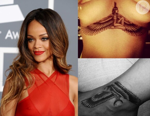 Rihanna tem algumas tatuagens espalhadas pelo corpo. Abaixo dos seios, em homenagem a sua avó, e no tornozelo, um falcão egípcio em forma de uma arma
