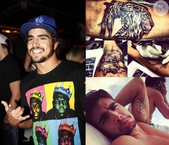 Caio Castro é outro que tem algumas tatuagens espalhadas pelo corpo. Em novembro no ano passado, o ator tatuou no antebraço um leão rasta e no braço esquerdo tem o nome do seu irmão caçula, Enzo