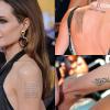 Angelina Jolie tem algumas tatuagem espalhadas pelo corpo. No braço esquerdo tem as coordenadas dos locais de nascimento dos filhos, além de frases em outras línguas
