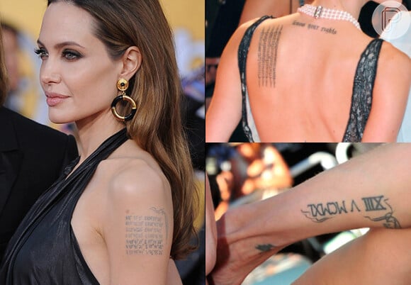 Angelina Jolie tem algumas tatuagem espalhadas pelo corpo. No braço esquerdo tem as coordenadas dos locais de nascimento dos filhos, além de frases em outras línguas