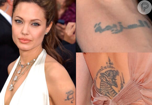 Nas costas, Angelina Jolie tem um tigre na lombar, um símbolo budista no braço esquerdo e uma frase no pulso