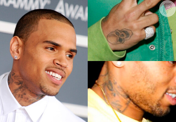 O cantor Chris Brown tem o corpo bastante tatuado, entre os desenhos estão duas caveiras, uma na mão e outra no pescoço