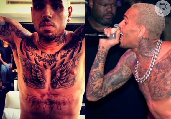 Chris Brown tem os braços fechados e parte do peito por tatuagens
