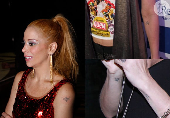 Danielle Winits tem tatuado os nomes do filhos, Noah e Guy, no braço esquerdo, uma estrela no pulso direito. Além dessas tatuagens, ela escreveu 'Love for Jonatas' no pulso esquerdo, mas depois do final do namoro ela esconde com maquiagem