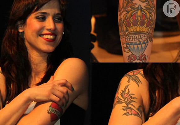 Na panturilha esquerda, Mel Lisboa tem uma tatuagem em homenagem ao filho Bernardo, no braço esquerdo um coração vermelho escrito família e uma trepadeira de flores no ombro direito
