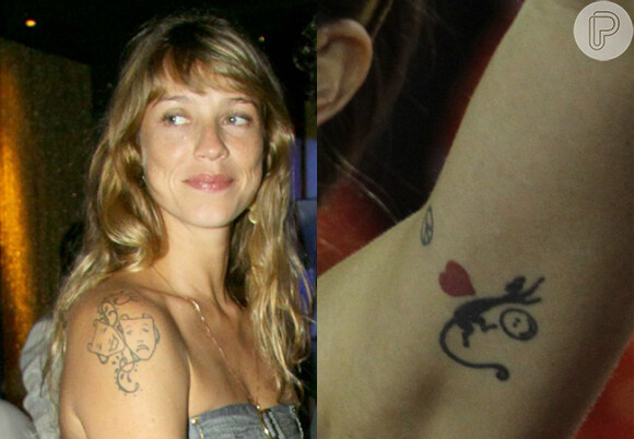Luana Piovani tem o símbolo do teatro tatuado no ombro direito e no braço esquerdo o símbolo da paz, um coração, um smile e um gato