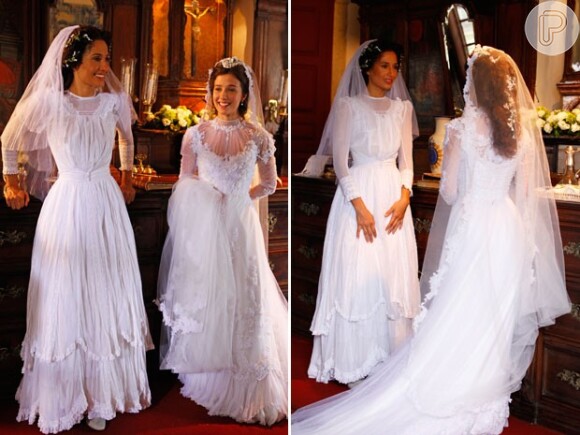 Isabel (Camila Pitanga) e Laura (Marjorie Estiano) se conhecem no dia em que vão se casar, em 'Lado a Lado'
