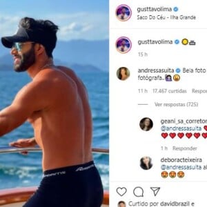 Andressa Suita reage à foto de Gusttavo Lima de sunga: 'Bela fotógrafa'