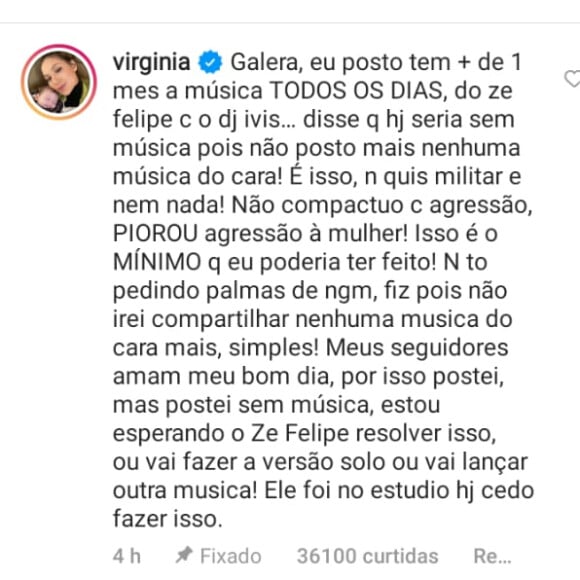 Virgínia rebate internautas que apontaram tentativa de 'militância' da influencer ao aparecer dançando sem a música de Zé Felipe e DJ Ivis