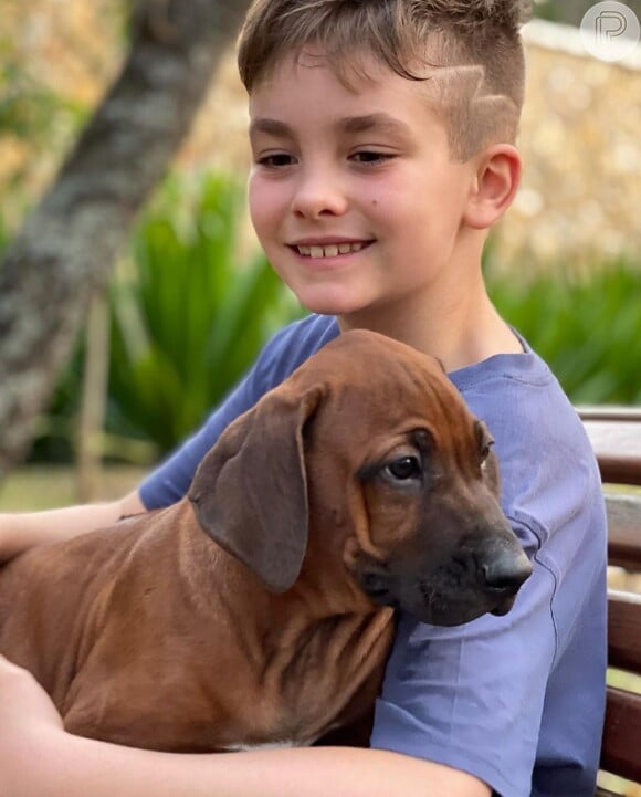 Filho de Ana Hickmann roubou a cena pela beleza em foto com seu cachorro