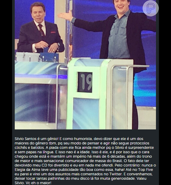 Rafael Cortez usou sua conta de Instagram para elogiar Silvio Santos