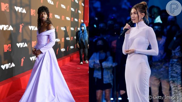 Lilás foi cor escolhida por Lil Nas X e Hailey Bieber no red carpet do VMA 2021