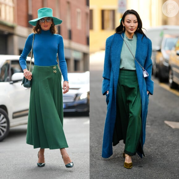 Looks com verde e azul em street style das semanas de moda