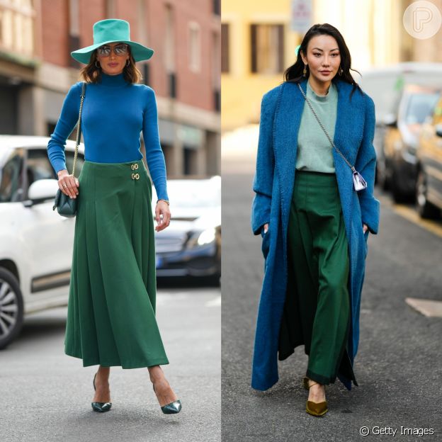Looks com verde e azul em street style das semanas de moda