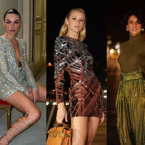 Famosas usam brilho em looks para desfile Balmain