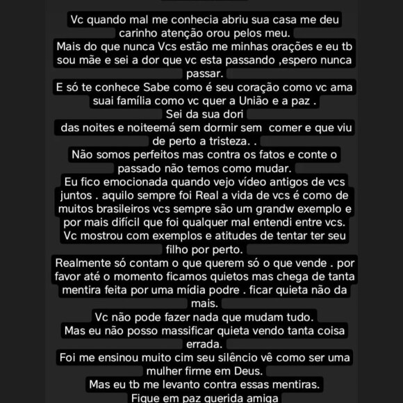 Simone Medina compartilha texto com críticas à mídia