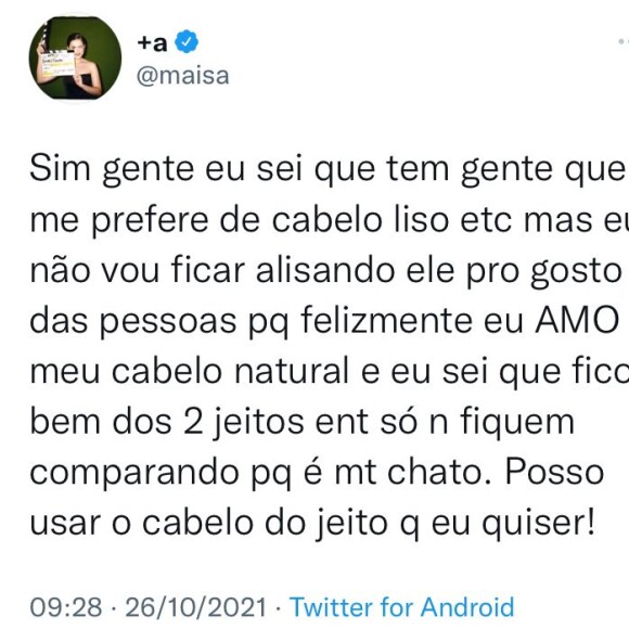 No Twitter, Maisa rebateu as opiniões sobre os cabelos