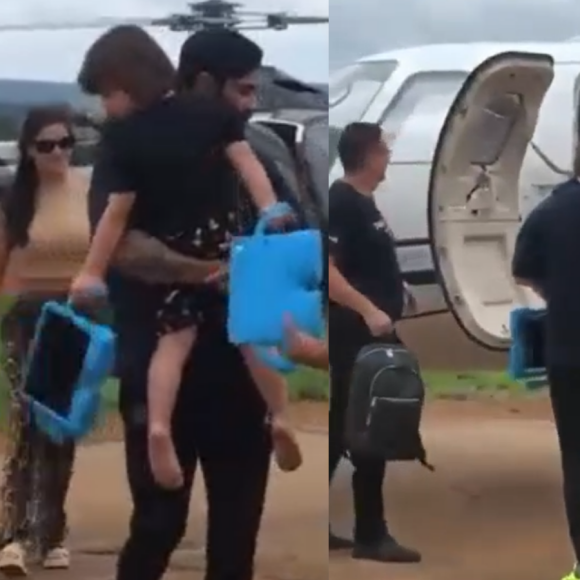 Gusttavo Lima e Andressa Suita apareceram juntos ao lado dos filhos no aeroporto de Bom Despacho, Minas Gerais, neste domingo (31)