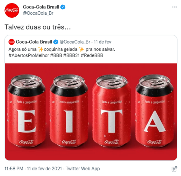 As redes sociais da Coca-Cola, patrocinadora da Prova do Líder, abraçaram a indignação do público contra a vitória de Karol Conká e responderam com humor