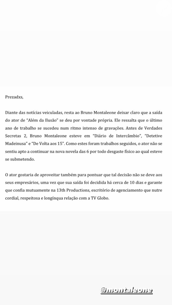 Em comunicado, Bruno Montaleone explicou que desistiu da novela devido à rotina intensa de trabalho