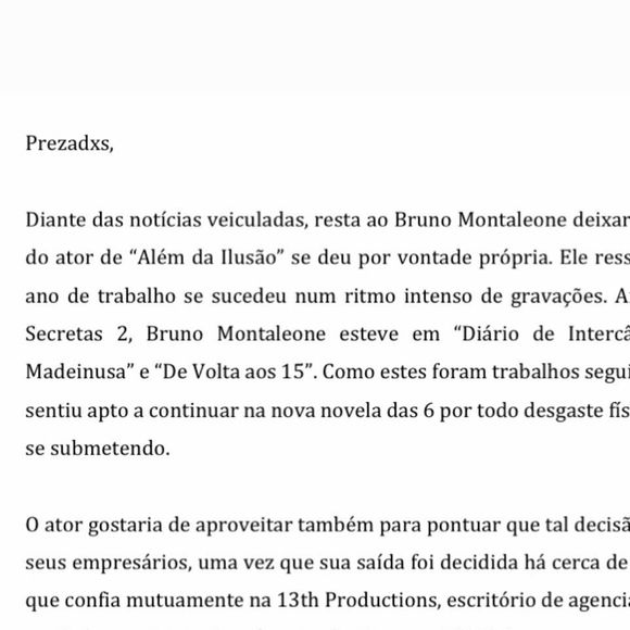 Em comunicado, Bruno Montaleone explicou que desistiu da novela devido à rotina intensa de trabalho