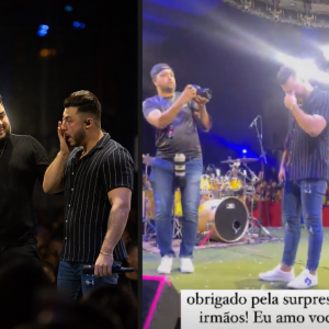 Murilo Huff chora ao ganhar surpresa de Gustavo, irmão de Marília Mendonça, e sua dupla Dom Vitor em seu primeiro show desde a morte da cantora