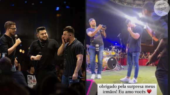 Murilo Huff chora ao ganhar surpresa de Gustavo, irmão de Marília Mendonça, e sua dupla Dom Vitor em seu primeiro show desde a morte da cantora