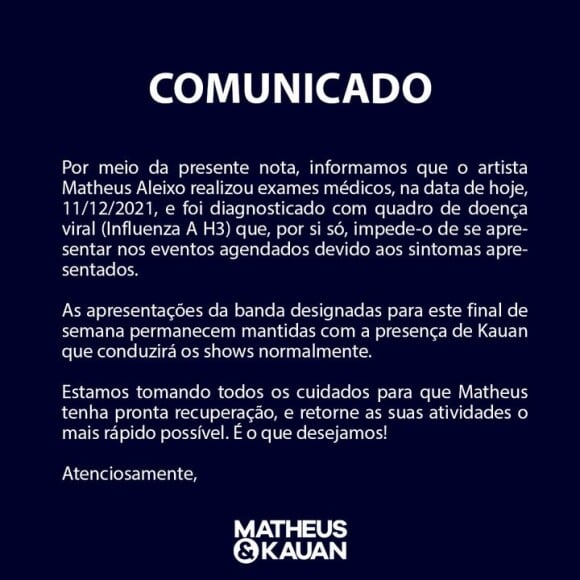 Equipe de Matheus e Kauan divulga comunicado sobre estado de saúde do cantor