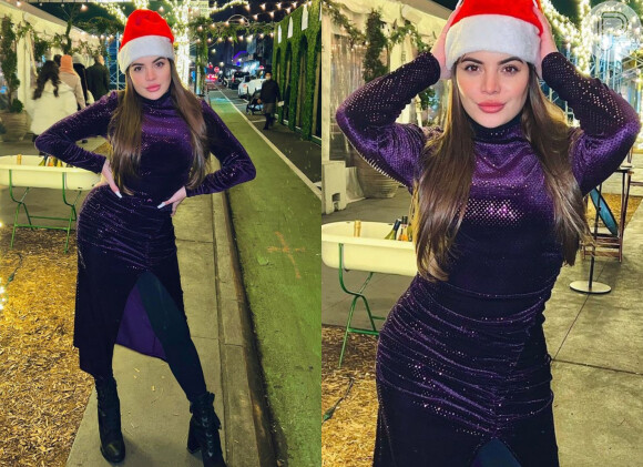 Gkay passou a noite de Natal no inverno nova iorquino e elegeu um look mais quentinho: vestido roxo com brilho e meia-calça preta com botas