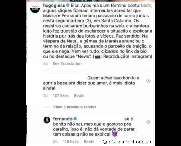 Fernando Zor defende Maiara em comentário de fã