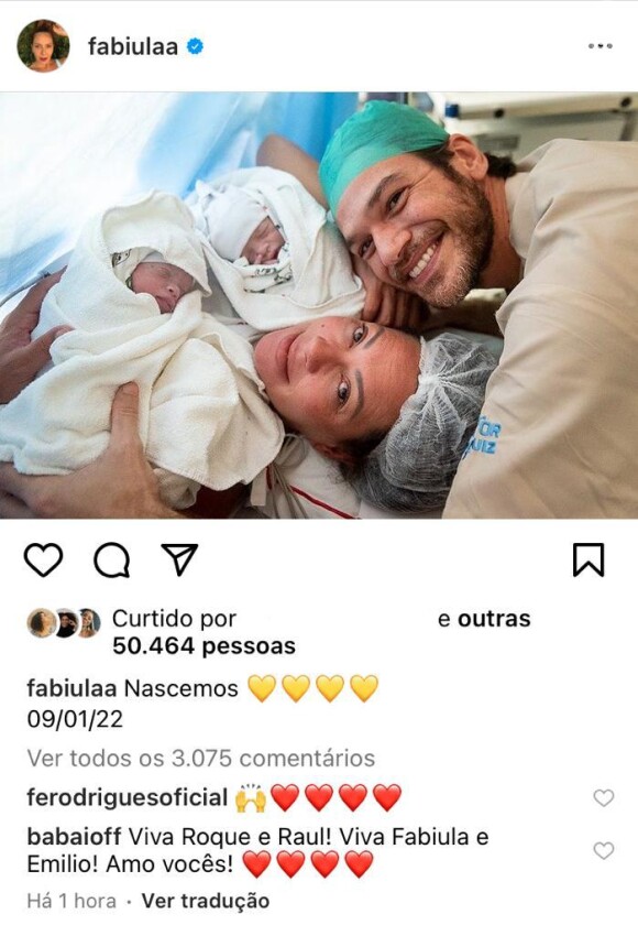 Roque e Raul, filhos gêmeos de Fabiula Nascimento e Emilio Dantas, nasceram no último domingo (09)