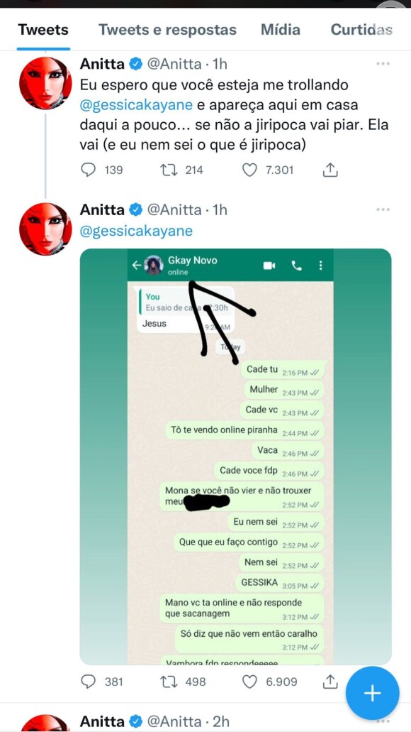 Anitta mostrou todas as mensagens que mandou para Gkay
