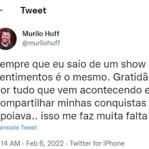 Nas redes sociais, Murilo Huff falou do mix de sentimentos a cada show