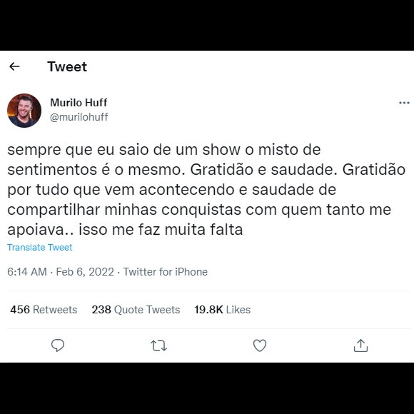 Nas redes sociais, Murilo Huff falou do mix de sentimentos a cada show