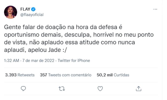 'BBB 22': Flay critica discurso de Jade Picon no Paredão